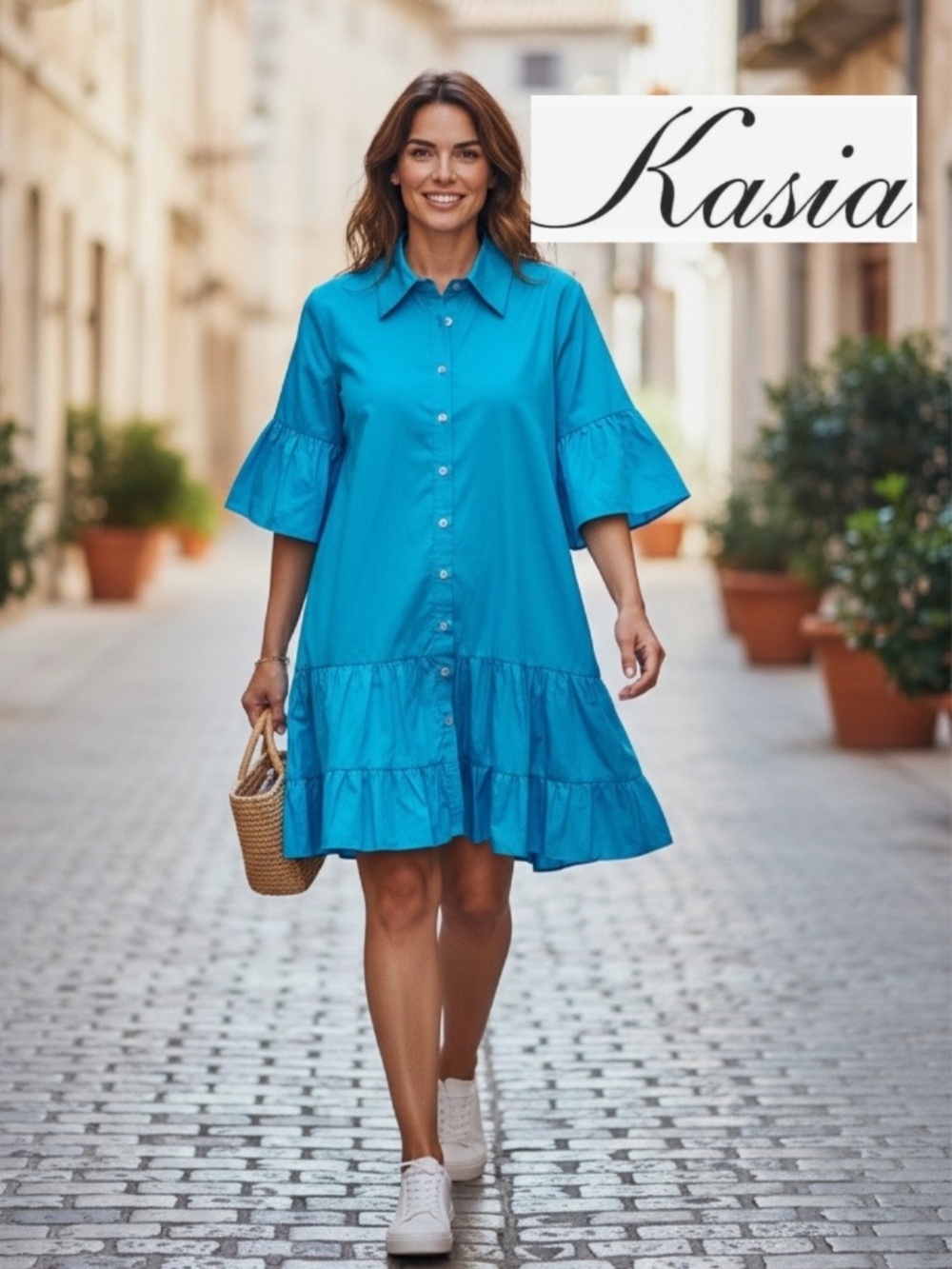 Kasia Turqiouse blue tiered shirt dress, L,  GP1548
